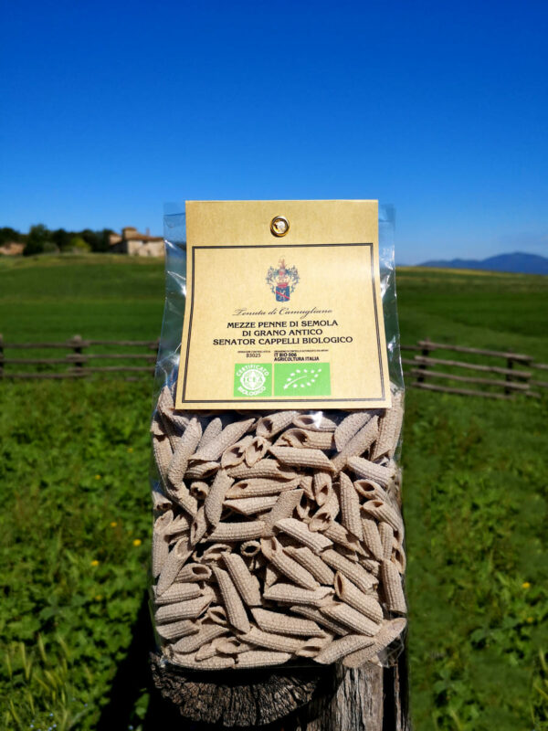 Organic Whole Wheat Mezze Penne made from ancient Senator Cappelli durum wheat semolina by Camugliano - Tuscany.